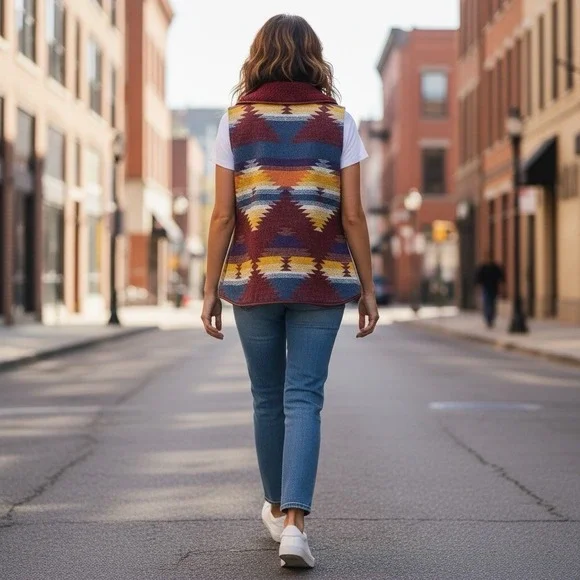 Lucky & Blessed‎ Womens L Burgundy Southwest Aztec Fleece Lined Vest Cardigan - Picture 2 of 11
